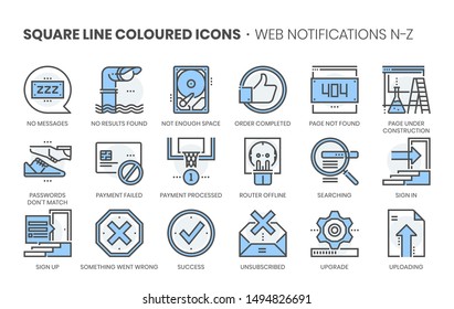 Web notifications related, square line color vector icon set for applications and website development. The icon set is editable stroke, pixel perfect and 64x64.