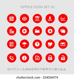 Web and office flat design icons, on red circles set 1