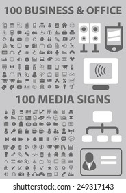 web, office, internet, calendar, presentation, phone, library, books, briefcase, computer, team, chat, pencil, printer, workplace, time illustrations, icons, signs, concept vector set