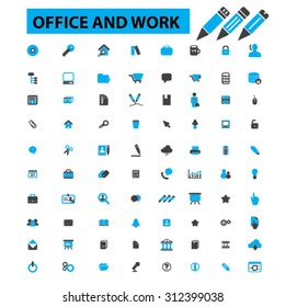 web, office, internet,calendar, presentation, phone, library, books, briefcase, computer, team, chat, pencil, printer, workplace, time illustrations, icons, signs, concept vector set
