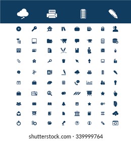 web, office, internet,calendar, presentation, phone, library, books, briefcase, computer, team, chat, pencil, printer, workplace, time illustrations, icons, signs, concept vector set