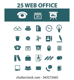web, oficina, internet, calendario, presentación, teléfono, biblioteca, libros, maletín, equipo, chat, lápiz, impresora, diseño, hora, sitio web, iconos, signos, conjunto de vector de concepto
