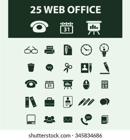 web, office, internet,calendar, presentation, phone, library, books, briefcase, computer, team, chat, pencil, printer, design, time, website, icons, signs, concept vector set
