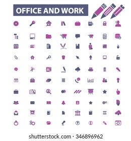 web, office, internet,calendar, presentation, phone, library, books, briefcase, computer, team, chat, pencil, printer, workplace, time illustrations, icons, signs, concept vector set
