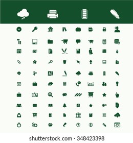 web, office, internet,calendar, presentation, phone, library, books, briefcase, computer, team, chat, pencil, printer, workplace, time illustrations, icons, signs, concept vector set

