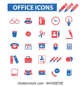 web, oficina, internet, calendario, presentación, teléfono, biblioteca, libros, maletín, computadora, equipo, chat, lápiz, impresora, lugar de trabajo, ilustraciones de tiempo, iconos, signos, conjunto de vector de concepto