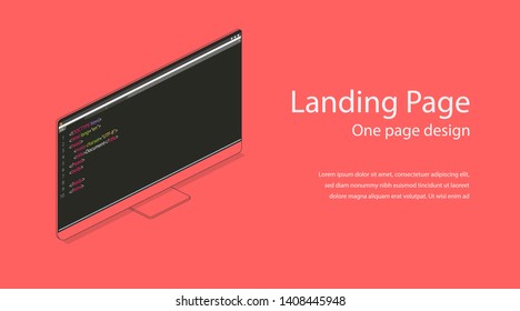 Web one landing page design template. Flat isometric modern monitor illustration. Single red color. Computer screen 3d concept for infographic mockup background. HTML code programming internet site
