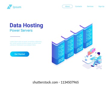 Web Online Data Hosting Server isometric flat vector illustration. Man sitting at Monitor Computer controls access to Internet server.