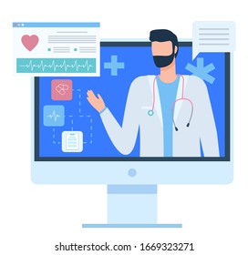 Web or online health support, portrait view of doctor character with cardiogram report, clinic assistant, monitor of computer, communication vector