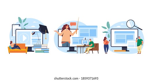 Web online learning study concept set. Vector flat graphic design illustration