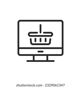 Web Online Shopping Icon. Vector Linear Editable Sign of a Computer Monitor with a Shopping Basket, Symbolizing Online Purchases, E-commerce, Modern Shopping Online and Digital Retail Market. 