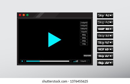web online video or audio player window frame and skip ad buttons set isolated