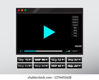 web online video or audio player window frame and skip ad buttons set isolated