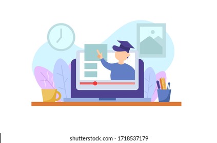 web of online video learning. study from home. online education. watch video on the laptop on the desk. flat design illustration