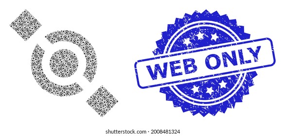 Web Only scratched seal and vector recursive composition joint node. Blue stamp seal has Web Only text inside rosette. Vector mosaic is designed with recursive rotated joint node items.