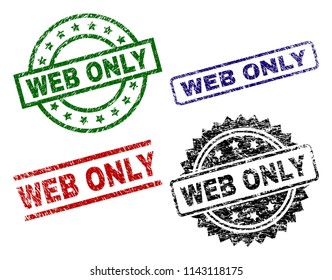 WEB ONLY seal prints with damaged texture. Black, green,red,blue vector rubber prints of WEB ONLY text with retro texture. Rubber seals with circle, rectangle, rosette shapes.
