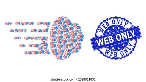 Web Only unclean round stamp seal and vector recursion mosaic gas cloud. Blue stamp has Web Only caption inside round shape. Vector mosaic is created of randomized gas cloud pictograms.