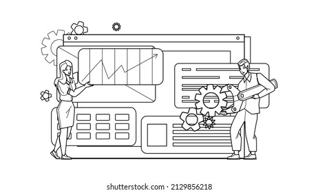 Web Optimization Developers Occupation Black Line Pencil Drawing Vector. Young Man And Woman Search Engine Optimization Business, Colleagues Seo Monitoring And Fixing Digital Problem. Characters