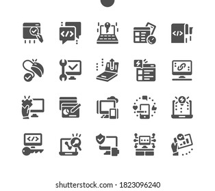 Web optimization, development, user interface in e-commerce. SEO strategy with components for successful marketing. Website layout elements, program code. Vector Solid Icons. Simple Pictogram