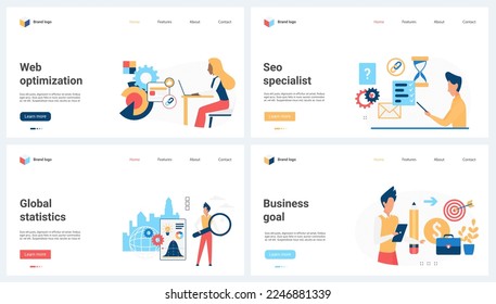 Web optimization and global statistics, service of SEO specialists to achieve business goals set vector illustration. Cartoon tiny people work with magnifying glass to analyze and optimize data