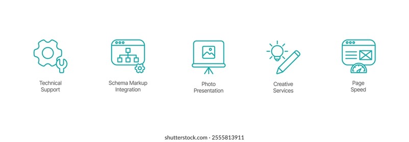 Web Optimization Icon Set – Technical Support, Schema Markup Integration, Photo Presentation, Creative Services, and Page Speed Design