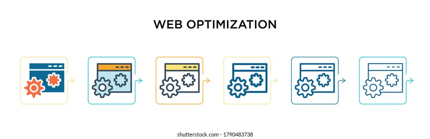 Web optimization vector icon in 6 different modern styles. Black, two colored web optimization icons designed in filled, outline, line and stroke style. Vector illustration can be used for web, 
