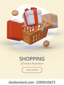 Web page with 3d basket, gift box, parcel and shopping bag. Colorful online shopping landing page for souvenir shop with button view more. Vector illustration in orange and red colors