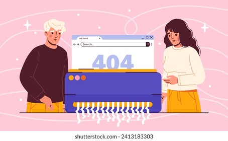 Web page 404 error concept. Poster or banner for website. Page not found. Wrong address and broken link. Code and techincal errors. Cartoon flat vector illustration isolated on pink background