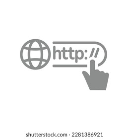 Web page address with globe and hand cursor. Http mouse pointer click vector fill icon.