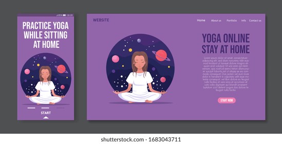 Web page and app mobile design template with woman meditate online, sitting in yoga posture at home and imagine the galaxy and universe. Practice yoga lesson. Vector flat cartoon illustration 