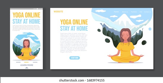 Web page and app mobile design template with woman meditate online, sitting in yoga posture at home and imagine the mountains. Practice yoga lesson. Vector flat cartoon illustration 