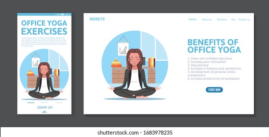 Web page and app mobile design template with woman meditates, make plans and generates ideas on white background. Office concentration yoga, meditation zen pose, hand drawn cartoon vector illustration