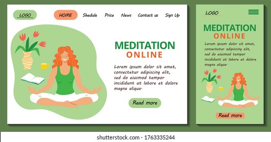 Web page and app mobile design template for online yoga and meditation classes.  Redhead girl meditates sitting in lotus position at home. Stock modern flat illustration concept for landing page. 