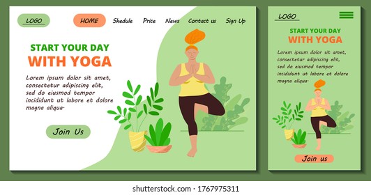 Web page and app mobile design template for online yoga and meditation classes. Redhead body positive girl doing morning yoga asana at home. Stock modern flat illustration for landing page.