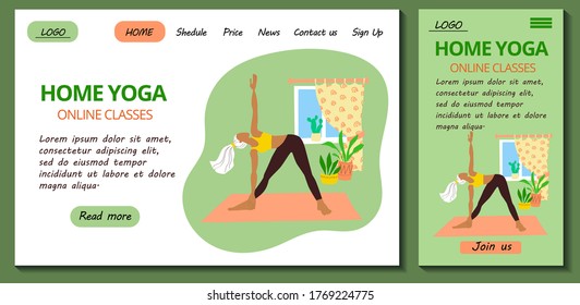 Web page and app mobile design template for online yoga and meditation classes. Pretty girl in tracksuit is doing triangle asana at home. Stock modern flat illustration for landing page.