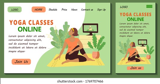 Web page and app mobile design template for online yoga and meditation classes. Pretty girl in tracksuit is sitting on the floor doing asana. Stock modern flat illustration for landing page.