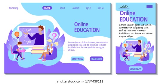 Web page and app mobile design template for e-learning site. Home online education concept. Students studying remotely. Webinar on a computer screen. Stock violet flat illustration for landing page. 