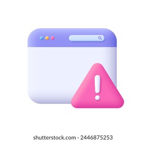 Web page with attention exclamation sign. Website window alert notification. Alert, warning, danger and 404 error concept. 3d vector icon. Cartoon minimal style.