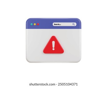 Web page with attention exclamation sign warning or danger risk message icon 3d render