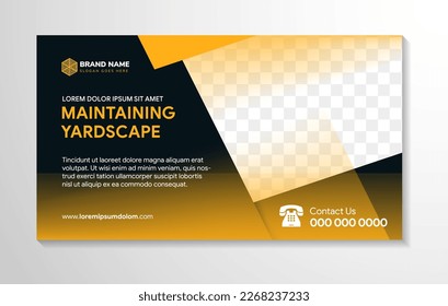 web page banner with geometic design elements with headline maintaining yardscape. A brochure template with a place for photo, text and information. Vector illustration. horizontal layout black yellow