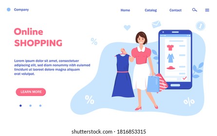 Web page or banner for Online shopping and sales concept. Smartphone with shopping order on the screen and happy women with new dres and shopping bags. Vector illustation.