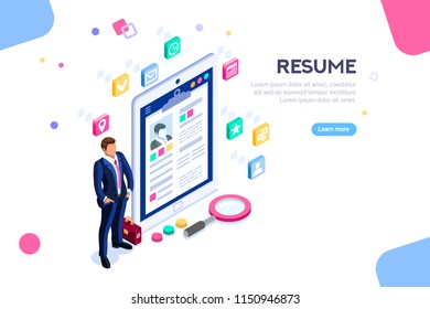 Web page, banner for resume resources. Employer, customer, boss recruit. Businessman isometric human resources, hr job presentation for occupation choose. Flat Isometric concept with characters.