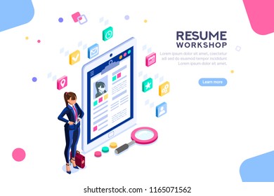 Web page, banner for resume resources. Employer, customer, boss recruit. Businesswoman isometric human resources, hr job presentation for occupation choose. Flat Isometric concept with characters.