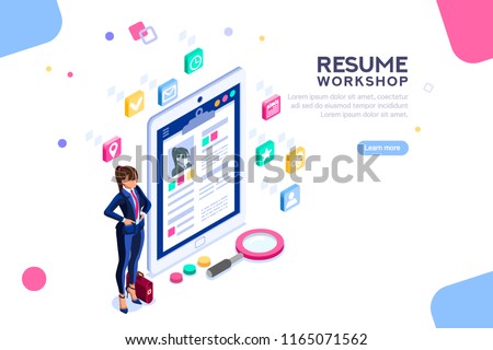 Web page, banner for resume resources. Employer, customer, boss recruit. Businesswoman isometric human resources, hr job presentation for occupation choose. Flat Isometric concept with characters.