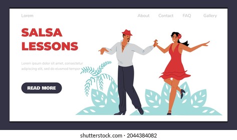 Web page banner for salsa lessons with dancing people characters, flat vector illustration. Salsa classes advertising website template with beautiful young dancers.