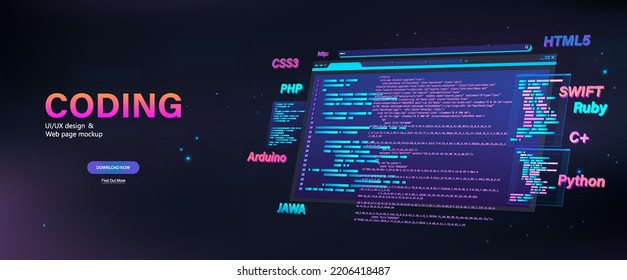 Web page banner, software development, application, platforms in different programming languages, site or page layout. Platform optimization, software development. 3D vector banner, program app coding