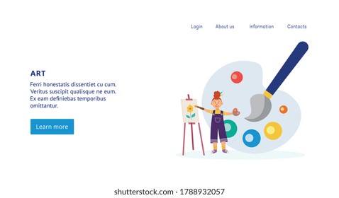 Webpage Banner-Vorlage für Kinder Art Klassen mit süßem Mädchen ein kleiner Maler, flache Vektorgrafik. Kreative Werkstatt und Kunststudio für Kinder.