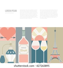 Web page or banner template with France symbols and copyspace. Modern flat style illustration with Tour Eiffel and other symbols of France.