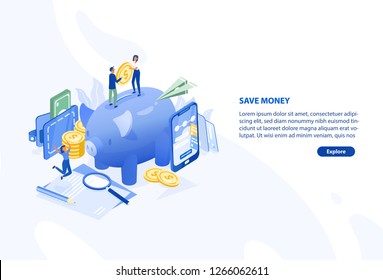 Web page or banner template with pair of people standing on giant piggy bank and holding coin, smartphone. Money saving and personal finance depositing. Modern colorful isometric vector illustration.