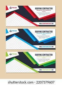 web page banners template design with headline is roofing contractor. space of photo and text. Advertising banner with horizontal layout. black background with diagonal line pattern. red, green, blue